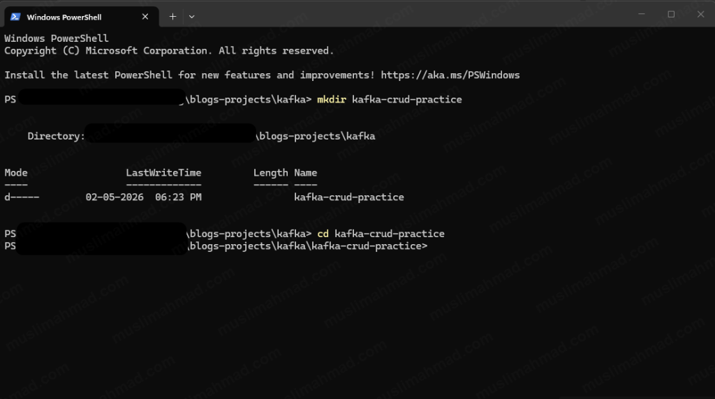 kafka-vs-database-1-create-folder-and-enter-in-it