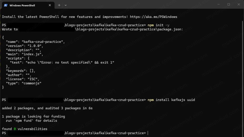kafka-vs-database-3_2-npm-init-npm-kafkajs-uuid-installation-in-terminal